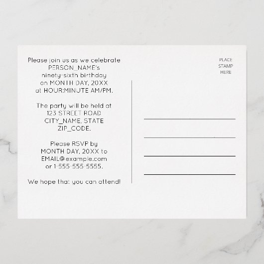 96th誕生日パーティー~アールデコスタイル「96」 +名前 箔招待状ポストカード (裏面)
