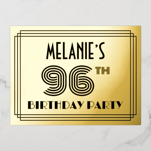 96th誕生日パーティー~アールデコスタイル「96」 +名前 箔招待状ポストカード (正面)