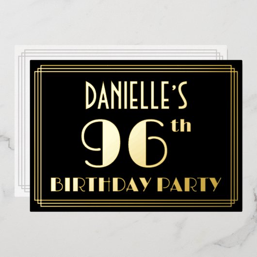 96th誕生日パーティー:アールデコ見る"96",名前と 箔招待状 (正面/裏面)