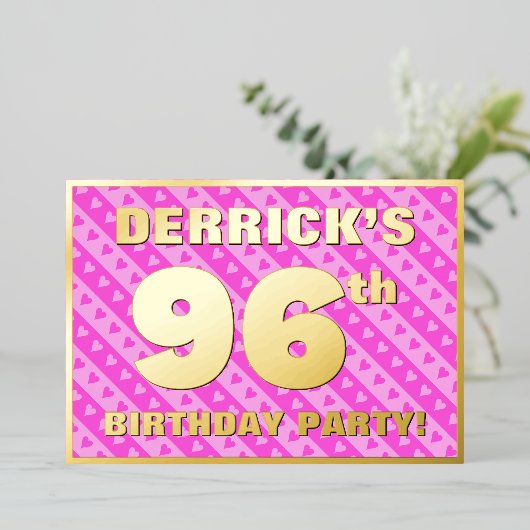 96th Birthday Party —おもしろいピンクのハートとストライプ 箔招待状 (立ち正面)