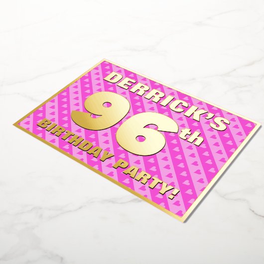 96th Birthday Party —おもしろいピンクのハートとストライプ 箔招待状 (回転した状態)
