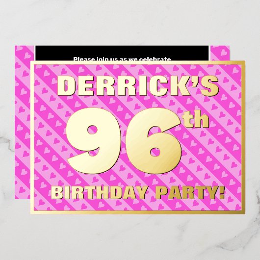 96th Birthday Party —おもしろいピンクのハートとストライプ 箔招待状 (正面/裏面)
