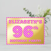 96th Birthday Party —はっきりした、おもしろい、ピンクストライプ色96 箔招待状 (立ち正面)