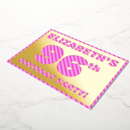 96th Birthday Party —はっきりした、おもしろい、ピンクストライプ色96 箔招待状 (回転した状態)