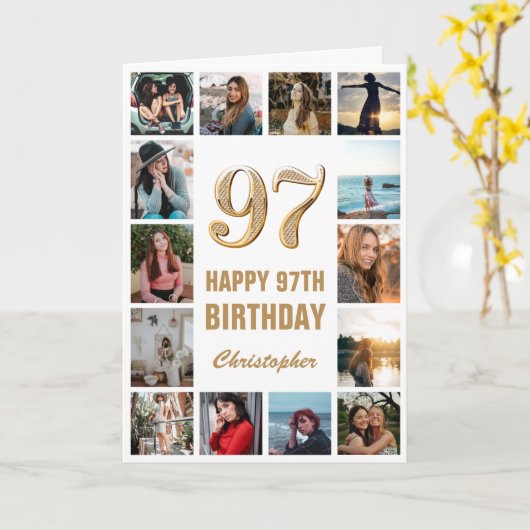 97ハッピーバースデー金ゴールドとホワイトフォトコラージュ カード (黄色い花)