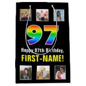 97歳の誕生日お祝い: レインボー "97"、カスタム写真と名前 ミディアムペーパーバッグ (正面)