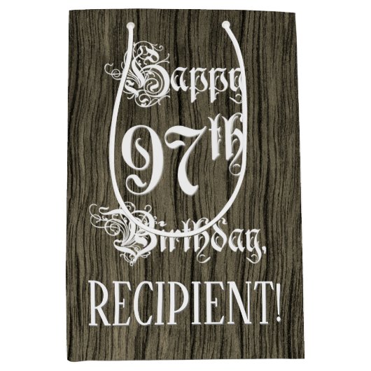 97歳の誕生日: おしゃれな偽木調 + オーダーメイドの名前 ミディアムペーパーバッグ (正面)