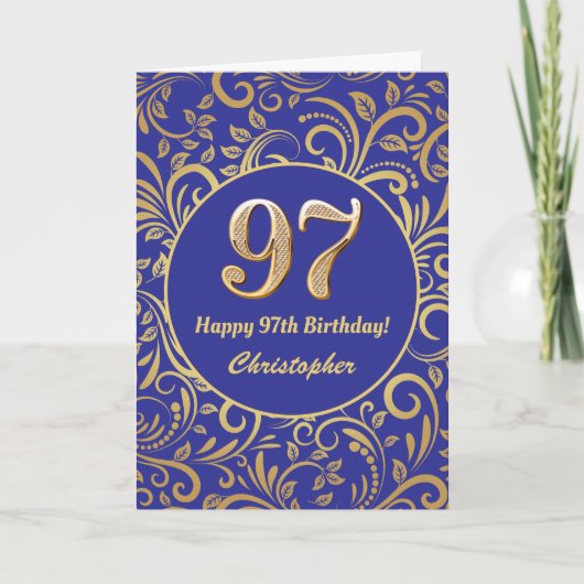 97歳の誕生日 ネイビーブルーとゴールドの花柄 カード (正面)