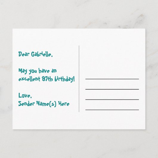 97歳の誕生日:ピンクのストライプとハート、虹色の97 ポストカード (裏面)
