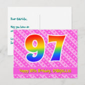 97歳の誕生日:ピンクのストライプとハート、虹97 ポストカード (正面/裏面)
