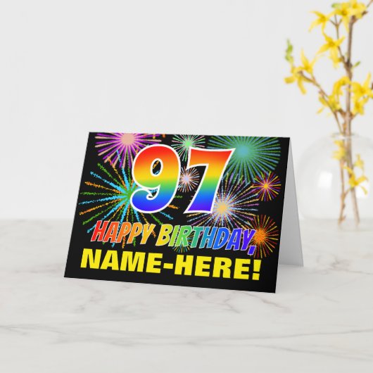 97誕生日はっきりした:,おもしろい,花火,虹97 カード (黄色い花)