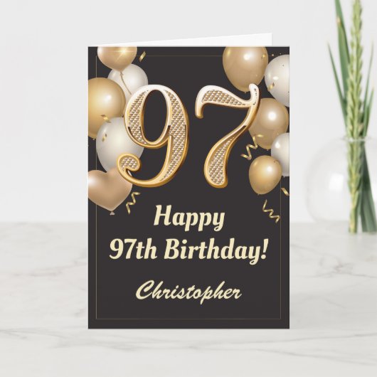 97誕生日ブラック&金ゴールドバルーン紙吹雪 カード (正面)