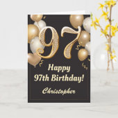 97誕生日ブラック&金ゴールドバルーン紙吹雪 カード (黄色い花)