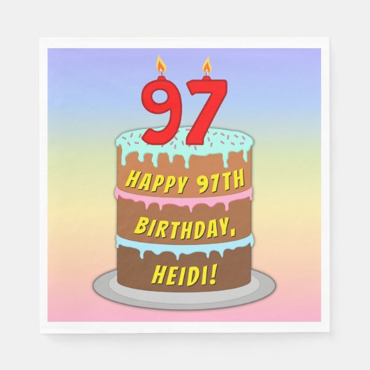 97誕生日:おもしろいケーキとキャンドル+名前をカスタムする スタンダードランチョンナプキン (正面)