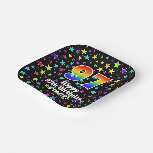 97誕生日:おもしろいスター柄と虹"97" ペーパープレート (傾斜あり)