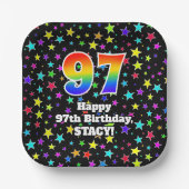 97誕生日:おもしろいスター柄と虹"97" ペーパープレート (正面)