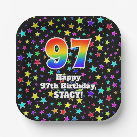 97誕生日:おもしろいスター柄と虹"97" ペーパープレート (正面)