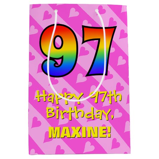 97誕生日:おもしろいピンクのハートストライプ; Rainbow 97 ミディアムペーパーバッグ (正面)