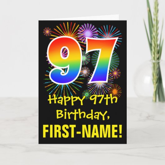 97誕生日:おもしろい花火パターン+虹97 カード (正面)