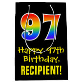 97誕生日:おもしろい、はっきりした、カラフルレインボー「97」 ミディアムペーパーバッグ (正面)