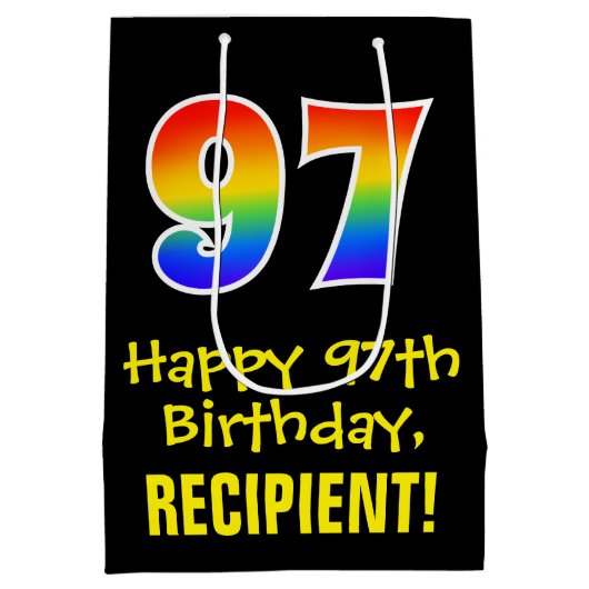 97誕生日:おもしろい、はっきりした、カラフルレインボー「97」 ミディアムペーパーバッグ (裏面)