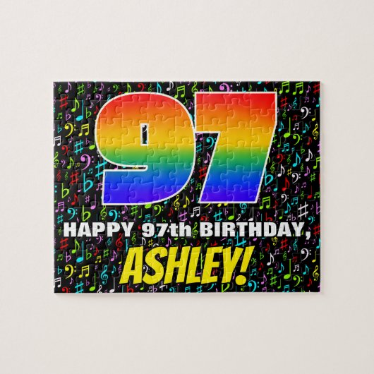 97誕生日:おもしろい、カラフル音楽シンボル、「97」 ジグソーパズル (横)