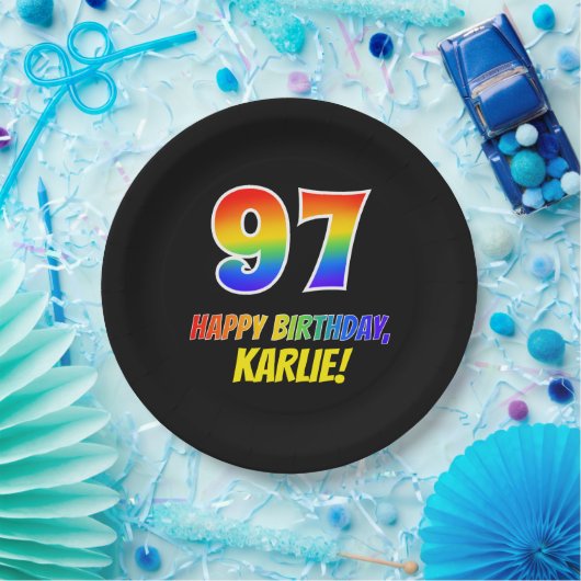 97誕生日:はっきりした,おもしろい,シンプル虹, 97 ペーパープレート (パーティー)