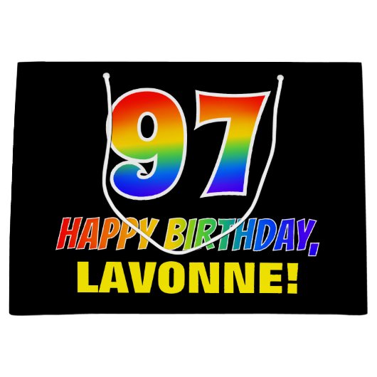 97誕生日:はっきりした,おもしろい,シンプル虹， 97 ラージペーパーバッグ (正面)