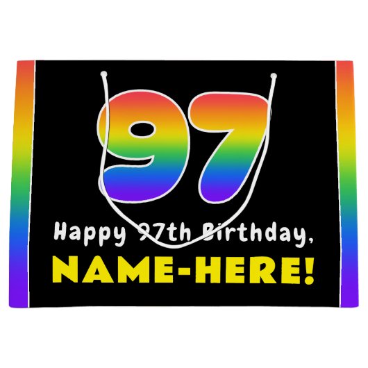 97誕生日:カラフルレインボー# 97,名前をカスタムする ラージペーパーバッグ (正面)
