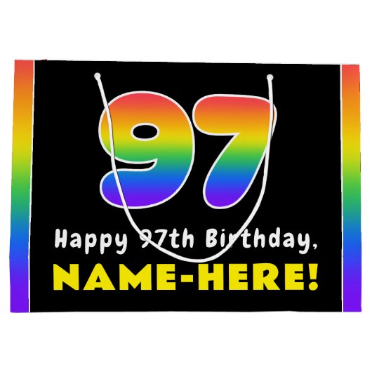 97誕生日:カラフルレインボー# 97,名前をカスタムする ラージペーパーバッグ (裏面)