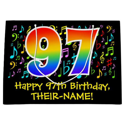 97誕生日-カラフル音楽シンボル， Rainbow 97 ラージペーパーバッグ (正面)