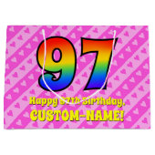 97誕生日：ピンクストライプのハート、レインボー# 97 ラージペーパーバッグ (正面)