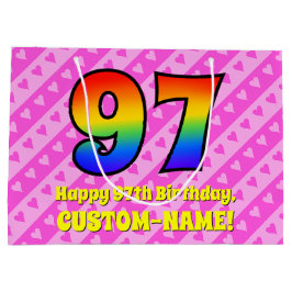 97誕生日:ピンクストライプのハート、レインボー# 97 ラージペーパーバッグ
