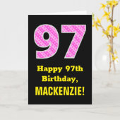 97誕生日:ピンクストライプ色のハートと"97" +名前 カード (黄色い花)