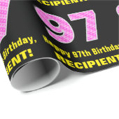 97誕生日:ピンクストライプ色のハートと"97" +名前 ラッピングペーパー (ロールコーナー)