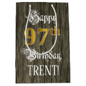 97誕生日:フェイク金ゴールドルック&ウッドフェイクパターン ミディアムペーパーバッグ (正面)