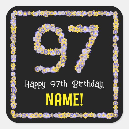 97誕生日:フローラ花数名前をカスタムする スクエアシール (正面)