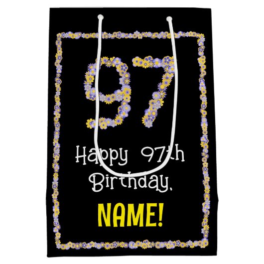 97誕生日:フローラ花数名前をカスタムする ミディアムペーパーバッグ (裏面)