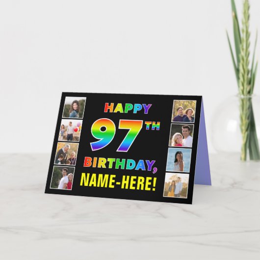 97誕生日:レインボー文字カスタム、写真&名前 カード (正面)