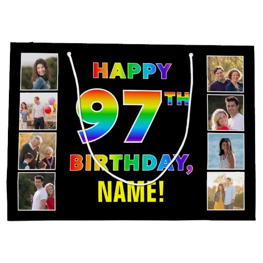 97誕生日：レインボー文字カスタム、写真&名前 ラージペーパーバッグ (裏面)