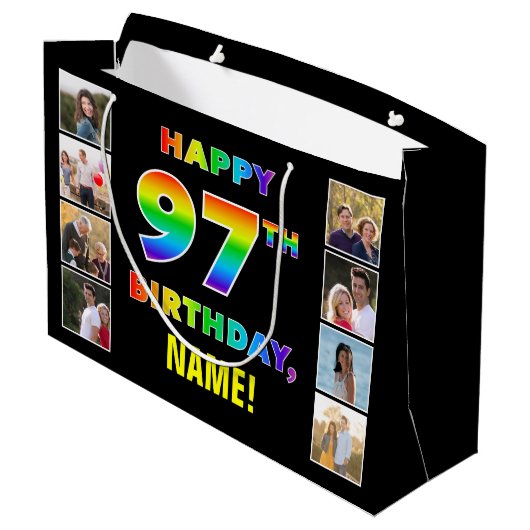 97誕生日：レインボー文字カスタム、写真&名前 ラージペーパーバッグ (裏面アングル)