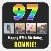 97誕生日:レインボー「97」、写真カスタムと名前 スクエアシール (正面)