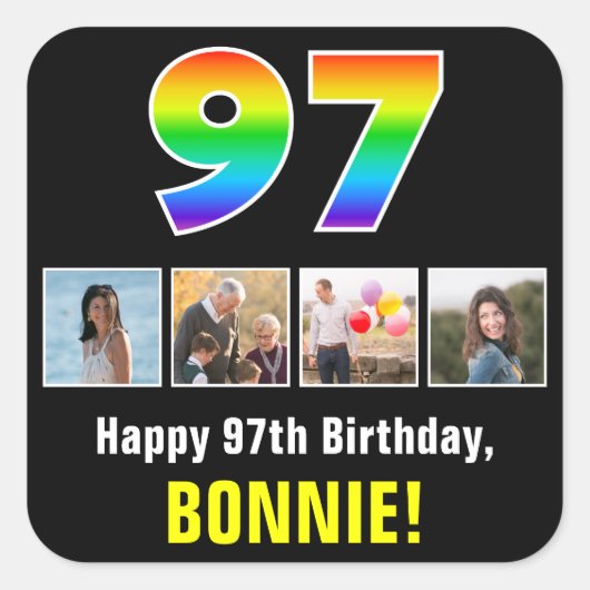 97誕生日:レインボー「97」、写真カスタムと名前 スクエアシール (正面)
