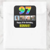 97誕生日:レインボー「97」、写真カスタムと名前 スクエアシール (バッグ)