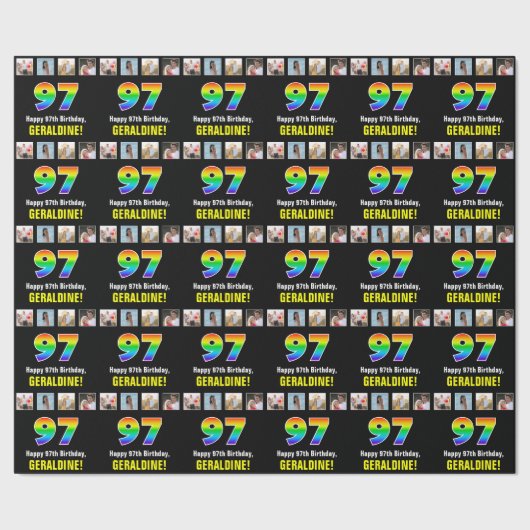 97誕生日:レインボー「97」、写真カスタムと名前 ラッピングペーパー (シーム)