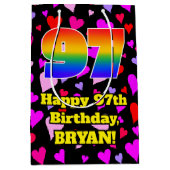 97誕生日：愛するハートパターン、虹# 97 ミディアムペーパーバッグ (正面)