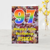 97誕生日、素朴紅葉、レインボー「97」 カード (黄色い花)
