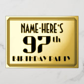 97th誕生日パーティー:アールデコの外観"97"と名前 箔招待状 (正面)