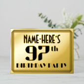 97th誕生日パーティー:アールデコの外観"97"と名前 箔招待状 (立ち正面)