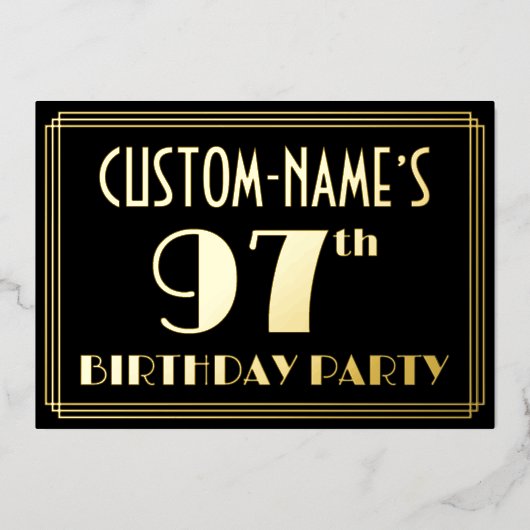 97th誕生日パーティー：アールデコを見る"97"，名前と 箔招待状 (正面)